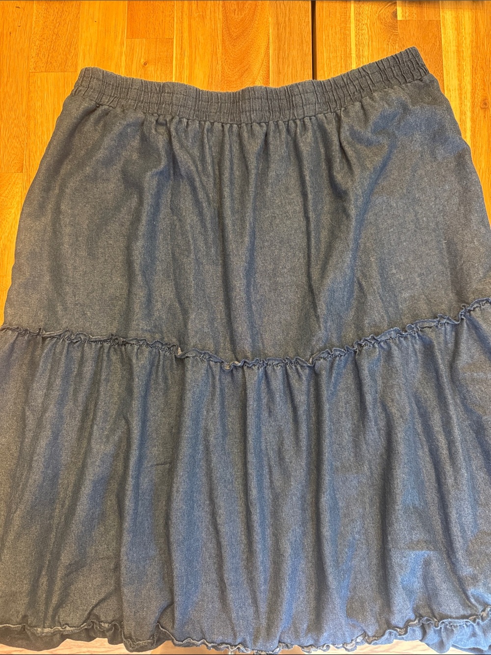 Vintage Robert Louis Tiered Denim-Effect Midi Skirt in Charcoal Blue